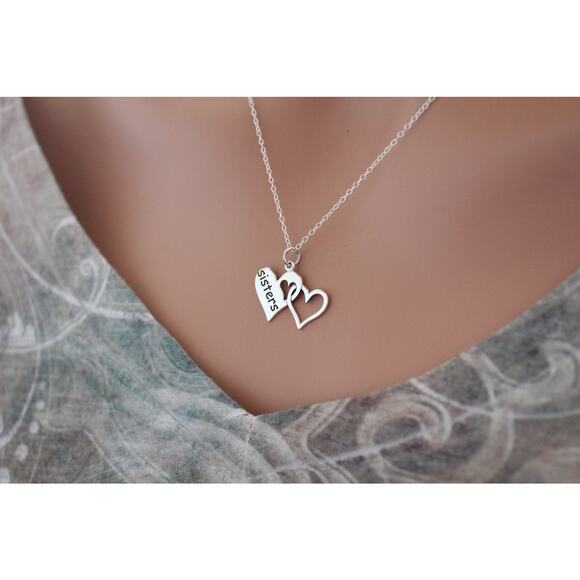 Sterling Silver Sisters Heart Pendant Necklace, Sisters Charm Necklace - Picture 2 of 3